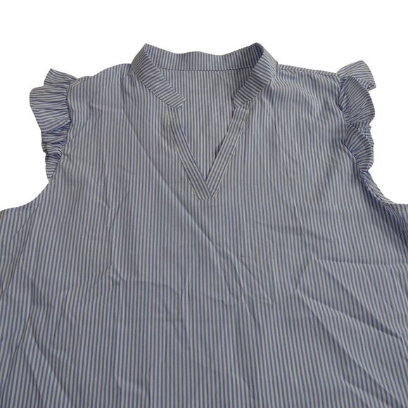 Blue and White Striped V-neck Ruffle Sleeveless Blouse Top Shirt Women Size XL L - Picture 2 of 8